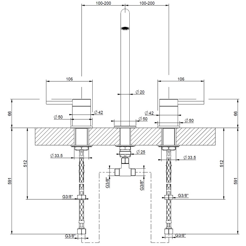 Immagine di Gessi 316 FLESSA gruppo lavabo H.27 cm, tre fori, senza scarico, con flessibili di collegamento, finitura steel brushed 54011#239