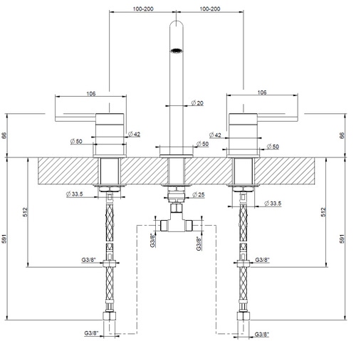 Immagine di Gessi 316 FLESSA gruppo lavabo H.20 cm, tre fori, senza scarico, con flessibili di collegamento, finitura steel brushed 54012#239