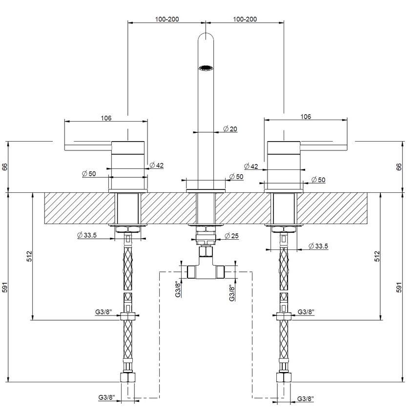 Immagine di Gessi 316 FLESSA gruppo lavabo H.20 cm, tre fori, senza scarico, con flessibili di collegamento, finitura Copper Brushed PVD 54012#708