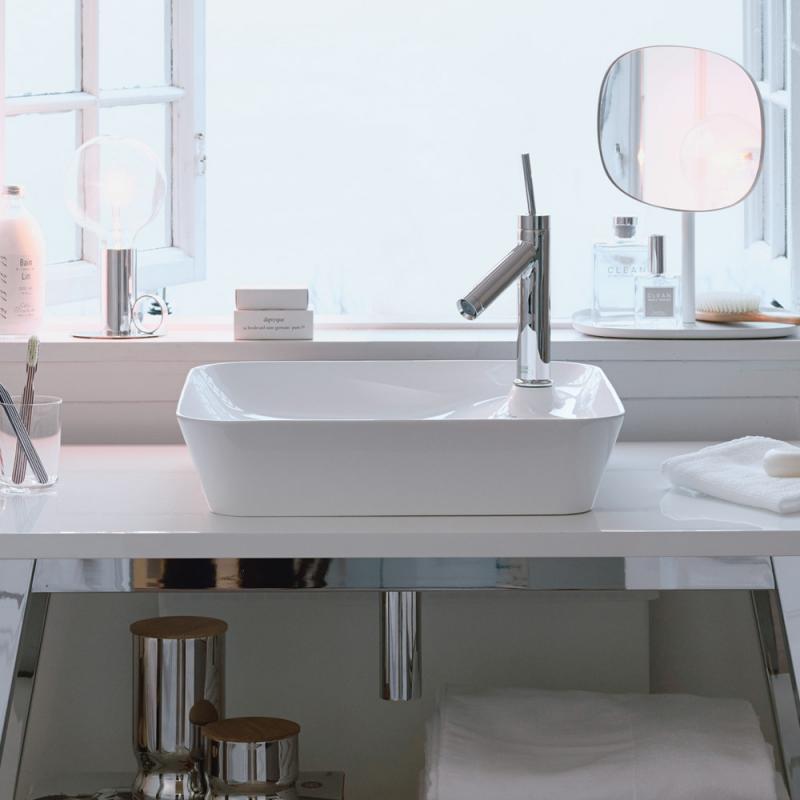 Immagine di Duravit CAPE COD bacinella da appoggio soprapiano 46 cm monoforo, con bordo per rubinetteria, senza troppopieno, WonderGliss, colore bianco finitura opaco 23404632001