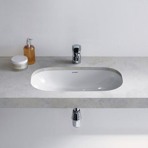 Immagine di Duravit D-CODE lavabo da incasso sottopiano senza foro, con troppopieno, senza bordo per rubinetteria, colore bianco 0338490000