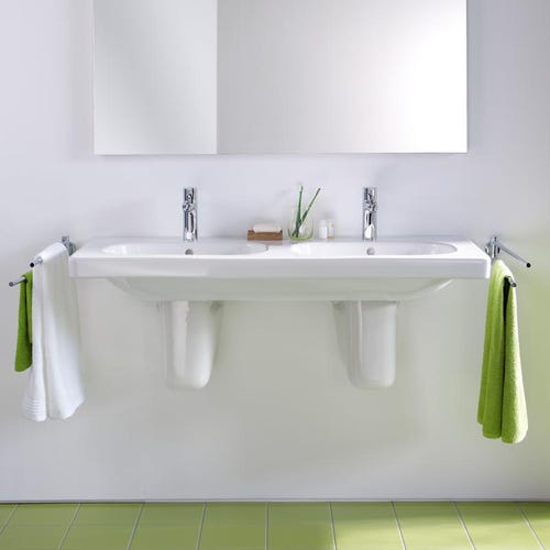 Immagine di Duravit D-CODE lavabo consolle doppio, due fori per rubinetteria, con troppopieno e bordo per rubinetteria, lato inferiore smaltato, colore bianco 03481200002