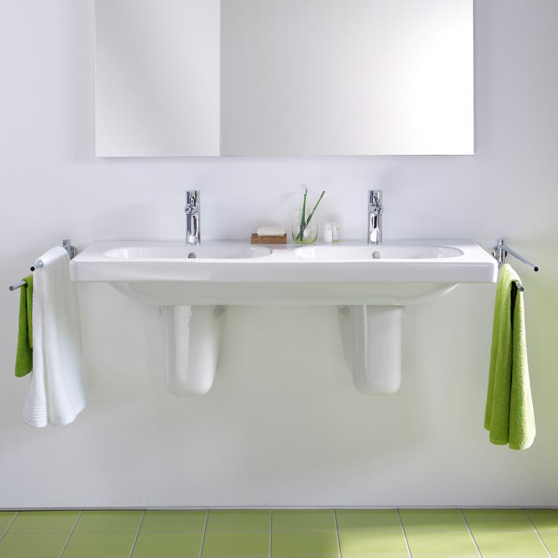 Immagine di Duravit D-CODE lavabo consolle doppio, due fori per rubinetteria, con troppopieno e bordo per rubinetteria, lato inferiore smaltato, colore bianco 03481200002