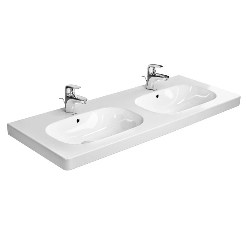 Immagine di Duravit D-CODE lavabo consolle doppio, due fori per rubinetteria, con troppopieno e bordo per rubinetteria, lato inferiore smaltato, colore bianco 03481200002
