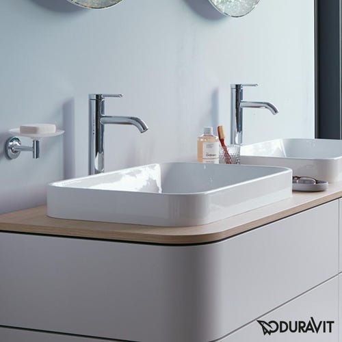 Immagine di Duravit HAPPY D.2 PLUS bacinella da appoggio soprapiano 60 cm con rettifica, senza foro e senza troppopieno, colore bianco 2359600000
