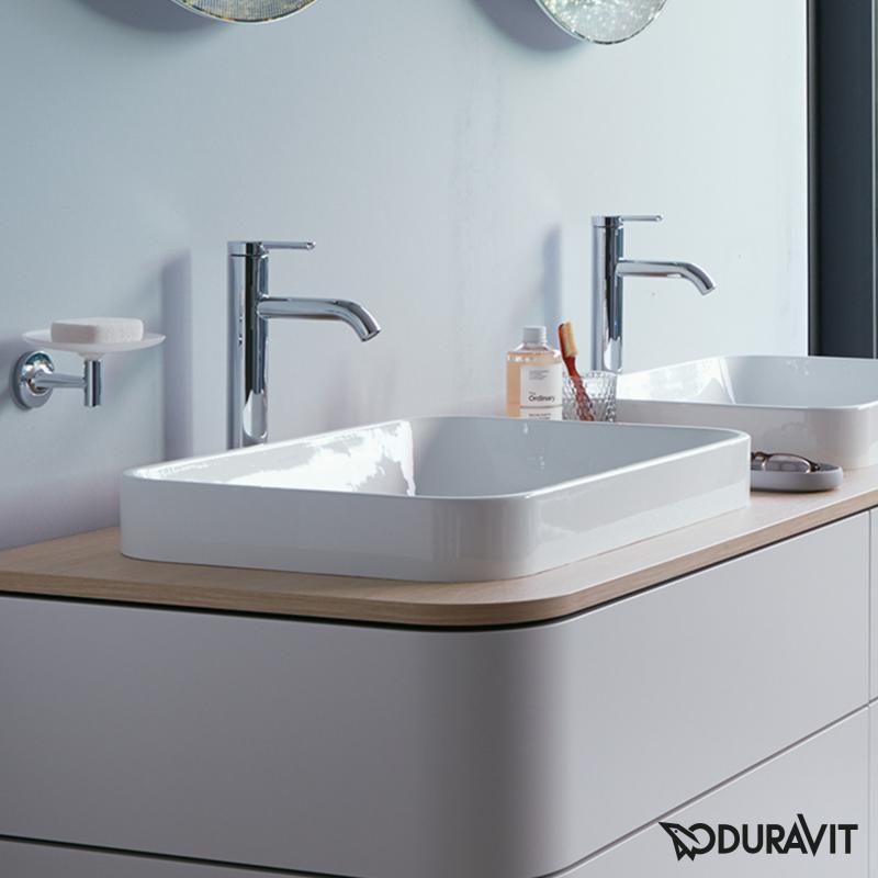 Immagine di Duravit HAPPY D.2 PLUS bacinella da appoggio soprapiano 60 cm con rettifica, senza foro e senza troppopieno, WonderGliss, colore bianco 23596000001