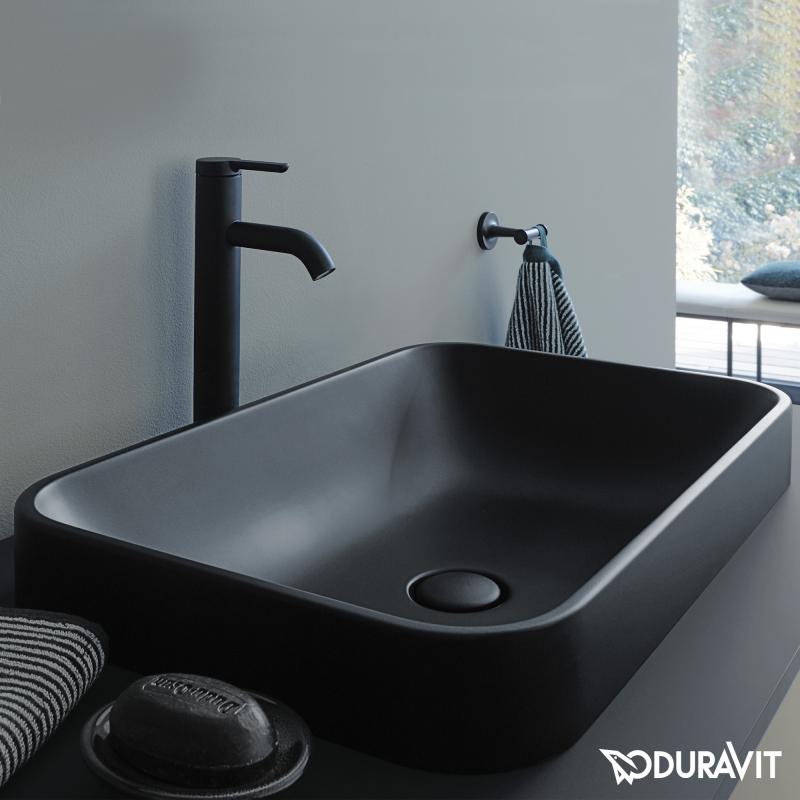 Immagine di Duravit HAPPY D.2 PLUS bacinella da appoggio soprapiano 60 cm con rettifica, senza foro e senza troppopieno, WonderGliss, colore antracite finitura opaco 23596013001