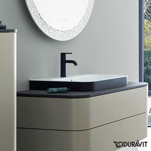 Immagine di Duravit HAPPY D.2 PLUS bacinella da appoggio soprapiano 50 cm con rettifica, monoforo, con troppopieno, interno colore bianco finitura lucido, esterno colore nero finitura opaco 2360506100