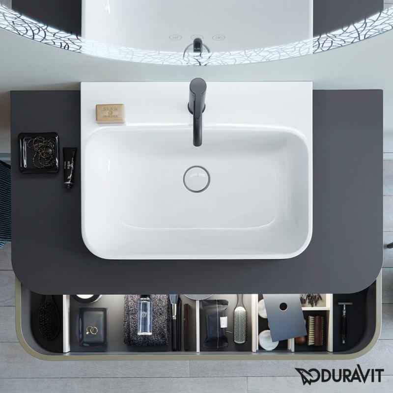 Immagine di Duravit HAPPY D.2 PLUS bacinella da appoggio soprapiano 50 cm con rettifica, senza foro, con troppopieno, interno colore bianco finitura lucido, esterno colore nero finitura opaco 2360506160