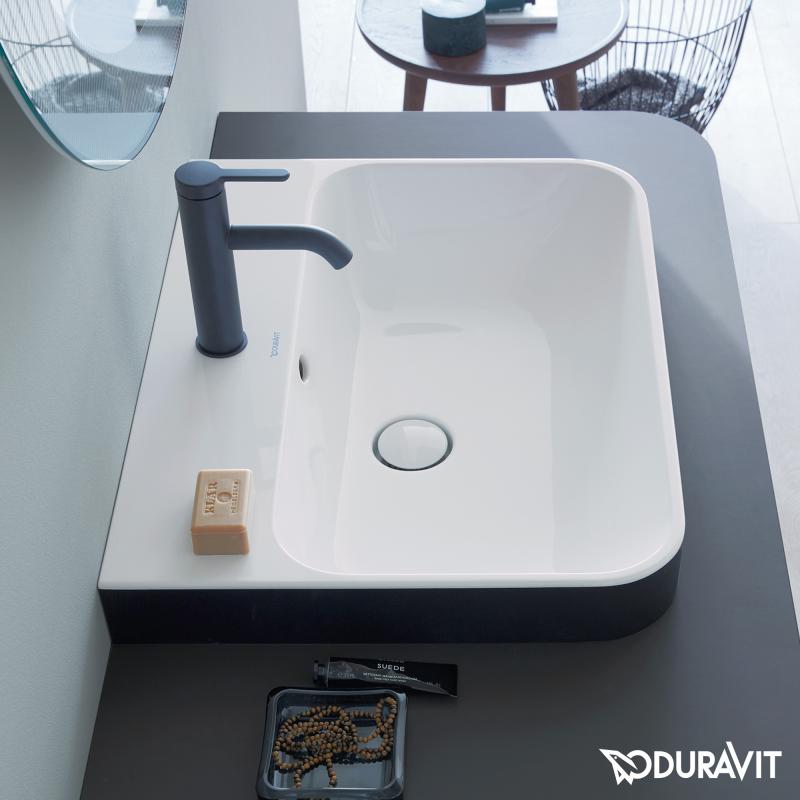 Immagine di Duravit HAPPY D.2 PLUS bacinella da appoggio soprapiano 60 cm con rettifica, monoforo, con troppopieno e bordo per rubinetteria, WonderGliss, interno colore bianco finitura lucido, esterno colore antracite finitura opaco 23606061001
