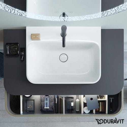 Immagine di Duravit HAPPY D.2 PLUS bacinella da appoggio soprapiano 60 cm con rettifica, senza foro, con troppopieno e bordo per rubinetteria, WonderGliss, interno colore bianco finitura lucido, esterno colore antracite finitura opaco 23606061601