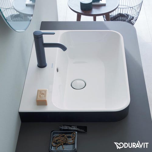 Immagine di Duravit HAPPY D.2 PLUS bacinella da appoggio soprapiano 60 cm con rettifica, senza foro, con troppopieno e bordo per rubinetteria, WonderGliss, interno colore bianco finitura lucido, esterno colore antracite finitura opaco 23606061601