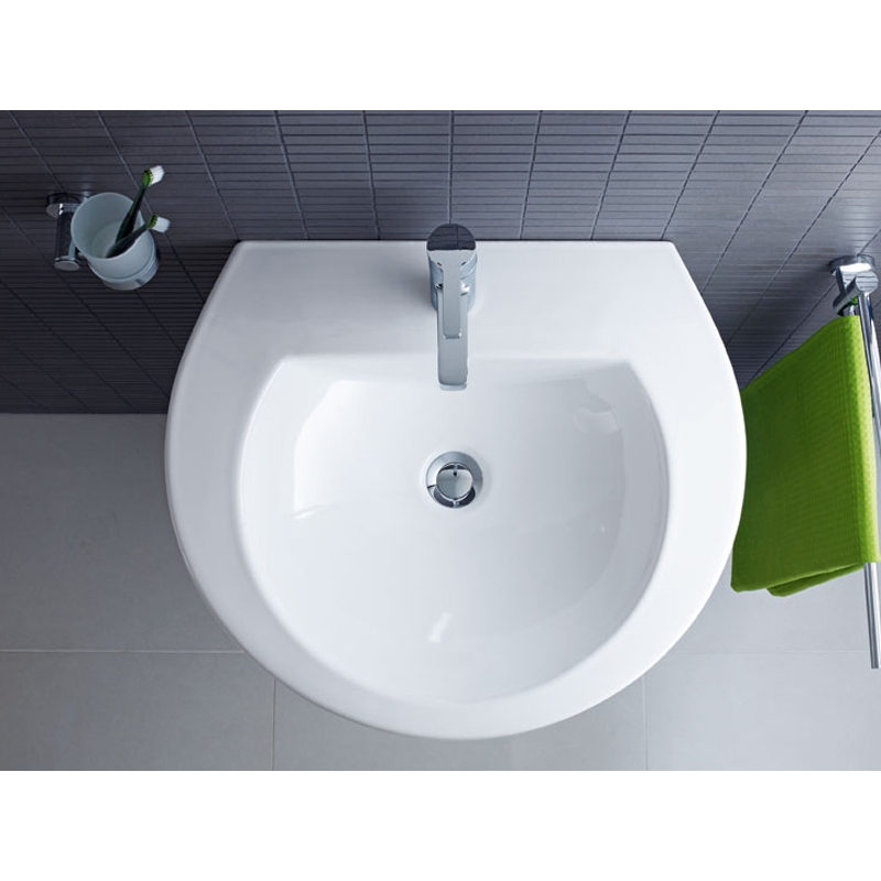 Immagine di Duravit DARLING NEW lavabo 65 cm monoforo, con troppopieno, con bordo per rubinetteria, lato inferiore smaltato, WonderGliss, colore bianco 26216500001