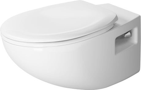 Immagine di Duravit DURAPLUS set sanitari sospesi, vaso a cacciata, sedile con coperchio a chiusura rallentata, bidet sospeso monoforo, con troppopieno, colore bianco 2547090000+2532100000+0064290000