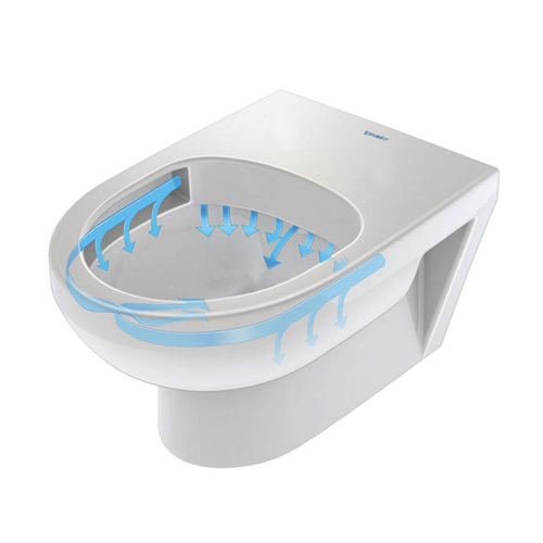 Immagine di Duravit DURASTYLE BASIC vaso a pavimento Rimless® a cacciata, senza brida e senza sedile, per cassetta a incasso o esterna non inclusa, con scarico orizzontale, fabbisogno di acqua di risciacquo 4,5 l, UWL classe 1, WonderGliss, colore bianco 21840900001