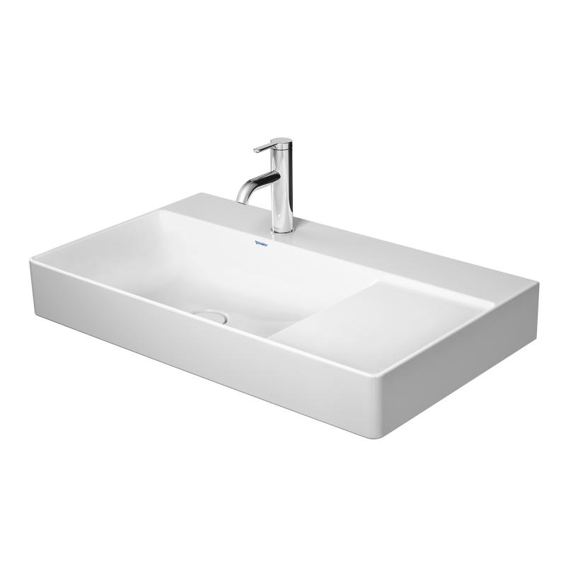 Immagine di Duravit DURASQUARE lavabo consolle asimmetrico rettificato 80 cm monoforo, senza troppopieno, con bordo per rubinetteria, bacino a sinistra, colore bianco 2348800071