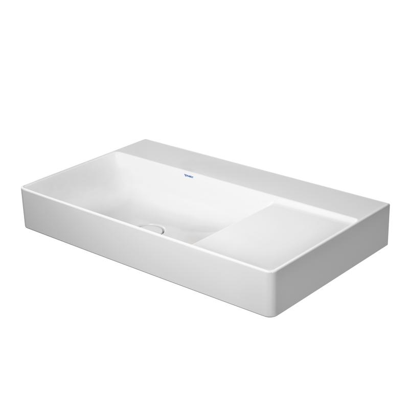 Immagine di Duravit DURASQUARE lavabo consolle asimmetrico 80 cm senza foro per rubinetteria, senza troppopieno, con bordo per rubinetteria, bacino a sinistra, lato inferiore smaltato, WonderGliss, colore bianco 23488000701