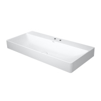 Immagine di Duravit DURASQUARE lavabo consolle 100 cm con 2 fori per rubinetteria, senza troppopieno, con bordo per rubinetteria, lato inferiore smaltato, WonderGliss, colore bianco 23531000401