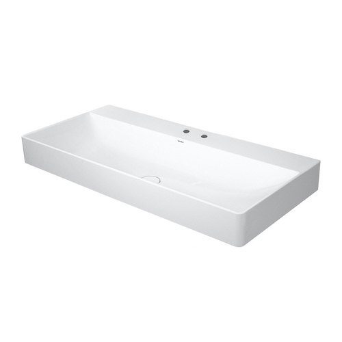 Immagine di Duravit DURASQUARE lavabo consolle 100 cm con 2 fori per rubinetteria, senza troppopieno, con bordo per rubinetteria, lato inferiore smaltato, WonderGliss, colore bianco 23531000401