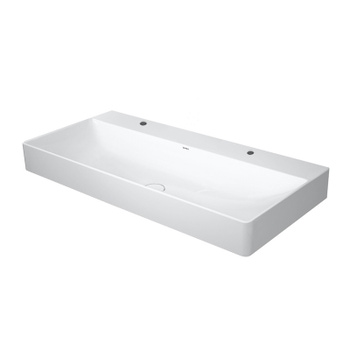 Immagine di Duravit DURASQUARE lavabo consolle 100 cm con 2 fori per rubinetteria, senza troppopieno, con bordo per rubinetteria, lato inferiore smaltato, colore bianco 2353100043