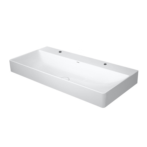 Immagine di Duravit DURASQUARE lavabo consolle 100 cm con 2 fori per rubinetteria, senza troppopieno, con bordo per rubinetteria, lato inferiore smaltato, WonderGliss, colore bianco 23531000431