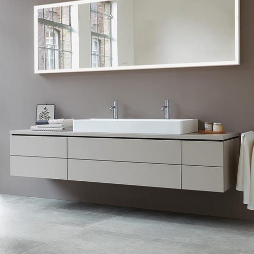 Immagine di Duravit DURASQUARE lavabo consolle doppio rettificato 120 cm monoforo, senza troppopieno, con bordo per rubinetteria, WonderGliss, colore bianco 23531200711