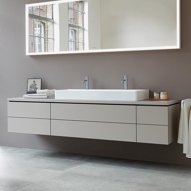 Immagine di Duravit DURASQUARE lavabo consolle doppio rettificato 120 cm monoforo, senza troppopieno, con bordo per rubinetteria, WonderGliss, colore bianco 23531200711