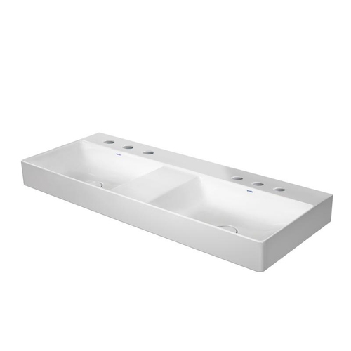 Immagine di Duravit DURASQUARE lavabo consolle doppio 120 cm con 3 fori per rubinetteria, senza troppopieno, con bordo per rubinetteria, lato inferiore smaltato, colore bianco 2353120044