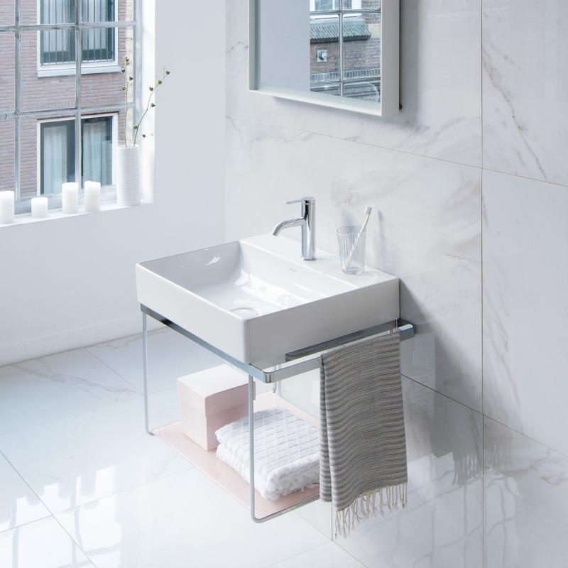 Immagine di Duravit DURASQUARE lavabo consolle 50 cm senza foro per rubinetteria, senza troppopieno, con bordo per rubinetteria, lato inferiore smaltato, WonderGliss, colore bianco 23535000701