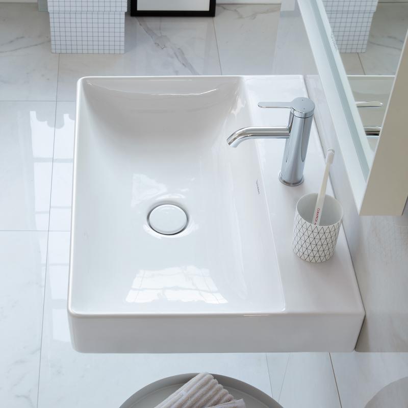 Immagine di Duravit DURASQUARE lavabo consolle 50 cm senza foro per rubinetteria, senza troppopieno, con bordo per rubinetteria, lato inferiore smaltato, WonderGliss, colore bianco 23535000701
