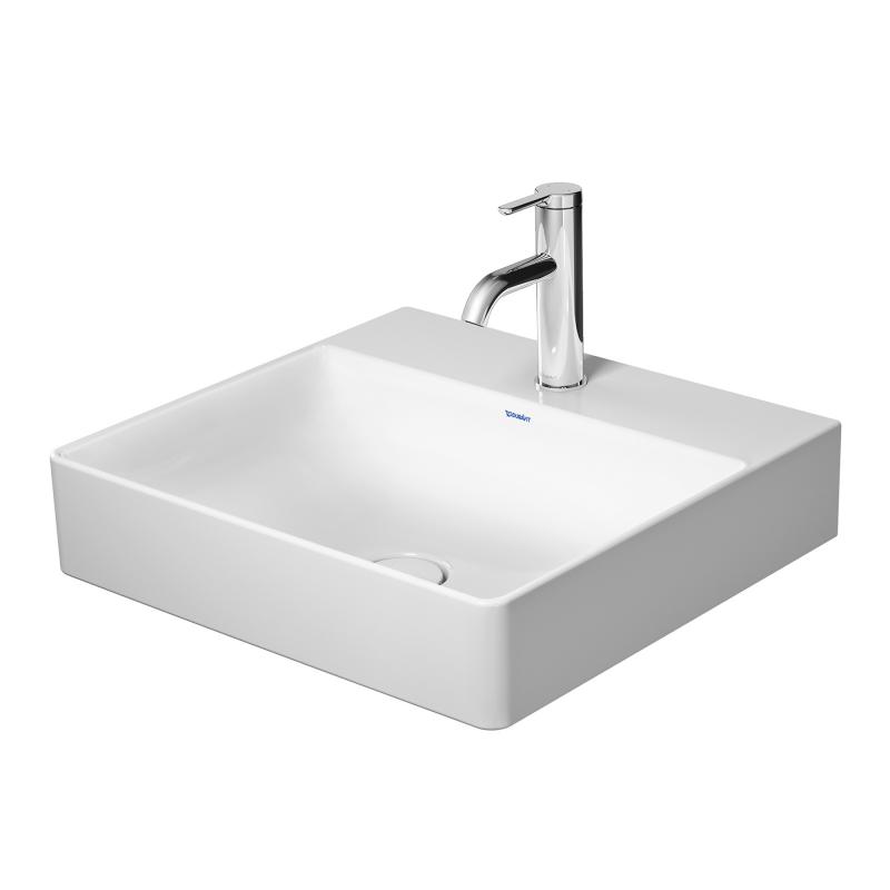 Immagine di Duravit DURASQUARE lavabo consolle 50 cm monoforo, senza troppopieno, con bordo per rubinetteria, lato inferiore smaltato, WonderGliss, colore bianco 23535000411