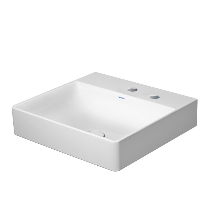 Immagine di Duravit DURASQUARE lavabo consolle 50 cm con 2 fori per rubinetteria, senza troppopieno, con bordo per rubinetteria, lato inferiore smaltato, colore bianco 2353500040