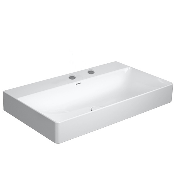 Immagine di Duravit DURASQUARE lavabo consolle 80 cm con 2 fori per rubinetteria, senza troppopieno, con bordo per rubinetteria, lato inferiore smaltato, colore bianco 2353800040