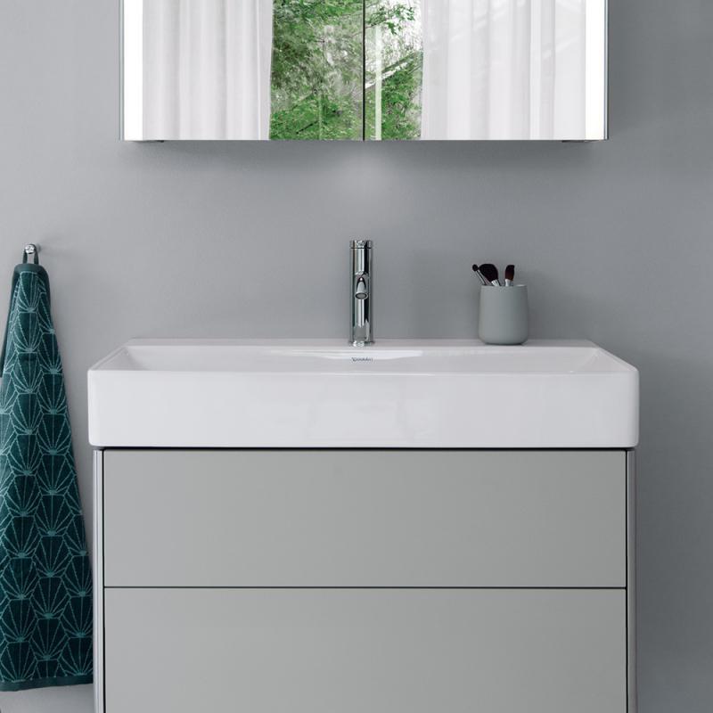 Immagine di Duravit DURASQUARE lavabo consolle 80 cm senza foro per rubinetteria, senza troppopieno, con bordo per rubinetteria, lato inferiore smaltato, WonderGliss, colore bianco 23538000701