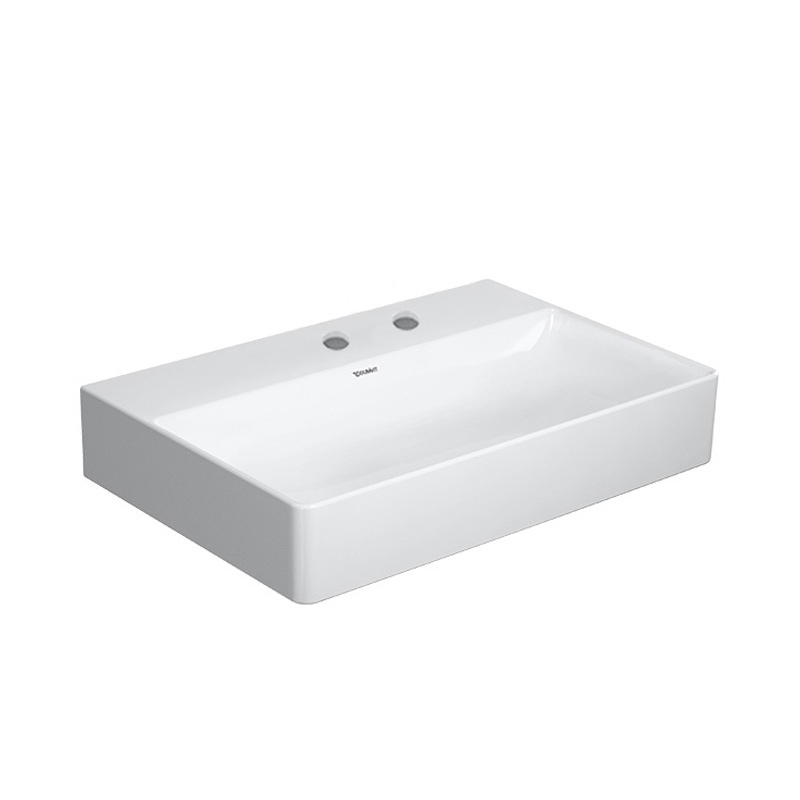 Immagine di Duravit DURASQUARE lavabo consolle Compact rettificato 60 cm con 2 fori per rubinetteria, senza troppopieno, con bordo per rubinetteria, WonderGliss, colore bianco 23566000141