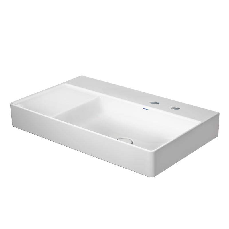 Immagine di Duravit DURASQUARE lavabo consolle asimmetrico 80 cm, con 2 fori per rubinetteria, senza troppopieno, con bordo per rubinetteria, bacino a destra, colore bianco 2349800040