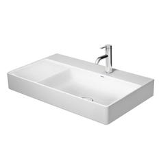 Immagine di Duravit DURASQUARE lavabo consolle asimmetrico rettificato 80 cm monoforo, senza troppopieno, con bordo per rubinetteria, bacino a destra, colore bianco 2349800071