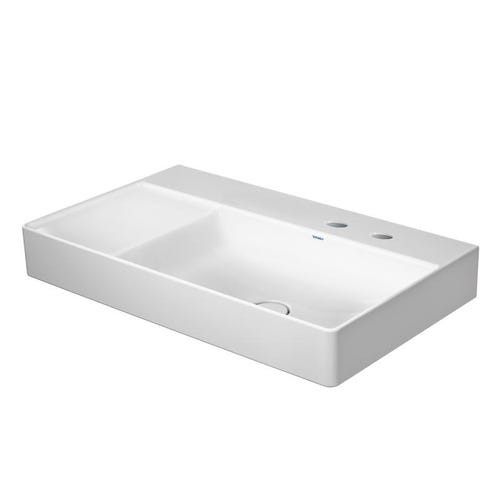 Immagine di Duravit DURASQUARE lavabo consolle asimmetrico rettificato 80 cm con 2 fori per rubinetteria, senza troppopieno, con bordo per rubinetteria, bacino a destra, WonderGliss, colore bianco 23498000141
