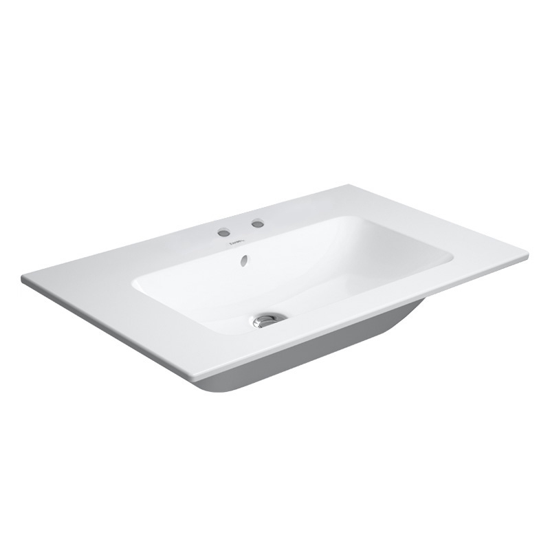 Immagine di Duravit ME BY STARCK lavabo consolle 83 cm con 2 fori per rubinetteria, con troppopieno, con bordo per rubinetteria, WonderGliss, colore bianco finitura opaco 23368332581
