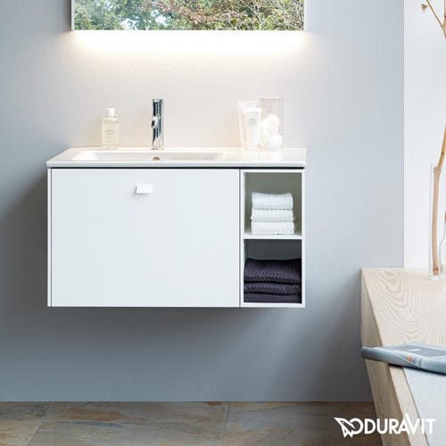 Immagine di Duravit ME BY STARCK lavabo consolle asimmetrico 83 cm senza foro per rubinetteria, con troppopieno, con bordo per rubinetteria, bacino a sinistra, colore bianco finitura opaco 2345833260
