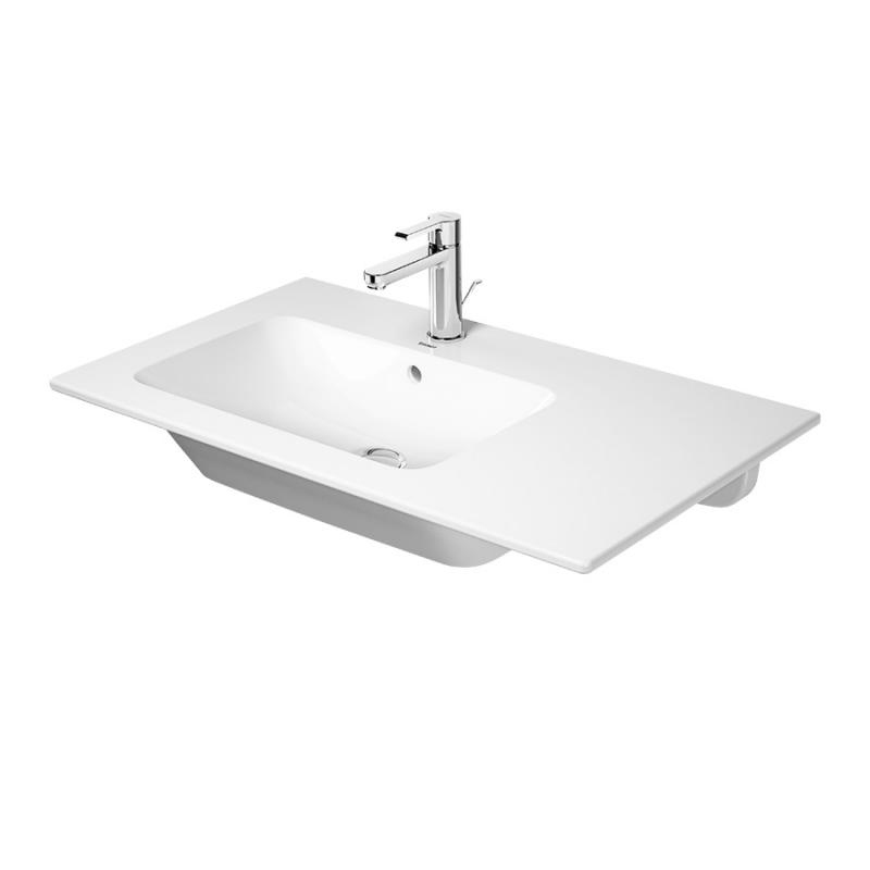 Immagine di Duravit ME BY STARCK lavabo consolle asimmetrico 83 cm monoforo, con troppopieno, con bordo per rubinetteria, bacino a sinistra, WonderGliss, colore bianco 23458300001