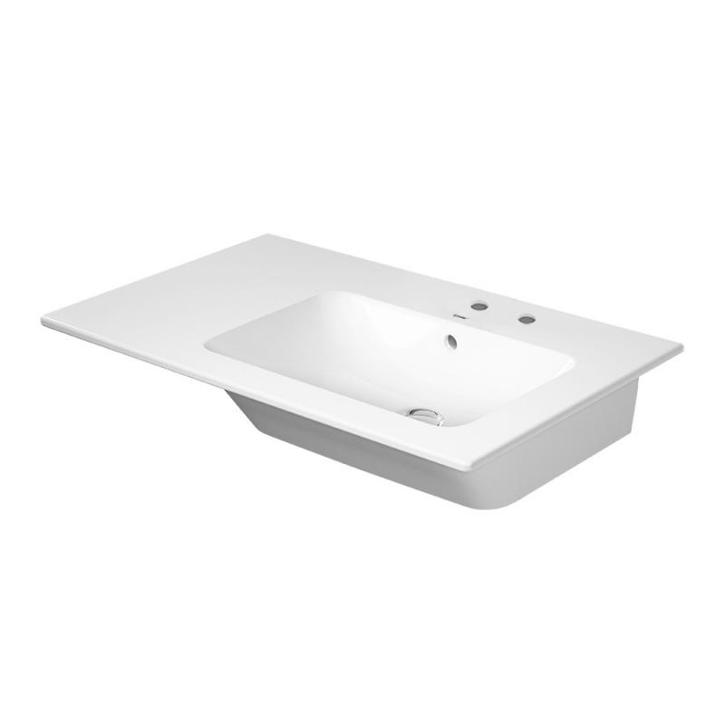 Immagine di Duravit ME BY STARCK lavabo consolle asimmetrico 83 cm con 2 fori per rubinetteria, con troppopieno, con bordo per rubinetteria, bacino a destra, WonderGliss, colore bianco 23468300581