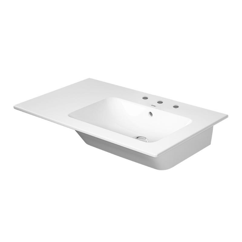 Immagine di Duravit ME BY STARCK lavabo consolle asimmetrico 83 cm con 3 fori per rubinetteria, con troppopieno, con bordo per rubinetteria, bacino a destra, WonderGliss, colore bianco 23468300301