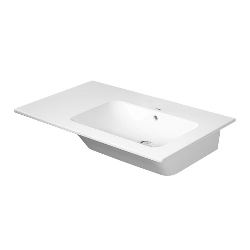 Immagine di Duravit ME BY STARCK lavabo consolle asimmetrico 83 cm senza foro per rubinetteria, con troppopieno, con bordo per rubinetteria, bacino a destra, WonderGliss, colore bianco 23468300601