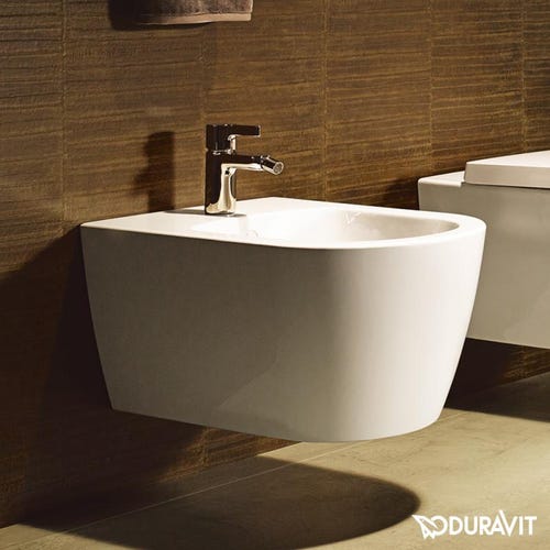 Immagine di Duravit ME BY STARCK set sanitari sospesi, vaso a cacciata Rimless e WonderGliss, sedile con coperchio con chiusura rallentata, bidet monoforo con troppopieno, colore bianco 25290900001+2288150000+0020090000