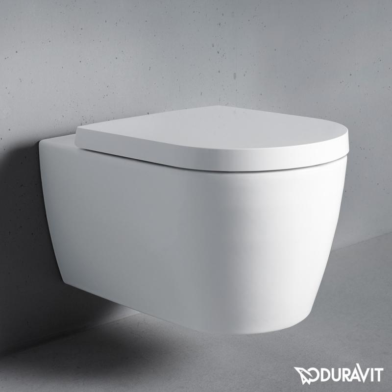 Immagine di Duravit ME BY STARCK set sanitari sospesi, vaso a cacciata Rimless e WonderGliss, sedile con coperchio con chiusura rallentata, bidet monoforo con troppopieno, colore bianco finitura opaco 25290926001+2288153200+0020092600