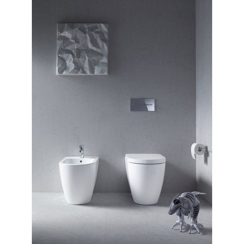 Duravit ME BY STARCK set sanitari a pavimento, vaso con scarico  orizzontale, sedile con coperchio con chiusura rallentata, bidet monoforo  con troppopieno, colore bianco 2169090000+2289100000+0020090000