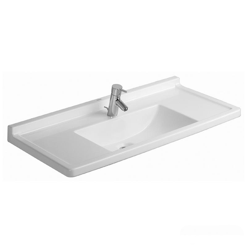 Immagine di Duravit STARCK 3 lavabo consolle 105 cm monoforo, senza troppopieno e con bordo per rubinetteria, WonderGliss, colore bianco 03041000011