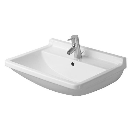 Immagine di Duravit STARCK 3 lavabo 60 cm con 3 fori per rubinetteria, con troppopieno e bordo per rubinetteria, lato inferiore smaltato, colore bianco 0300600030