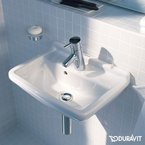 Immagine di Duravit STARCK 3 lavamani 45 cm monoforo, con troppopieno, con bordo per rubinetteria, lato inferiore smaltato, colore bianco 0750450000